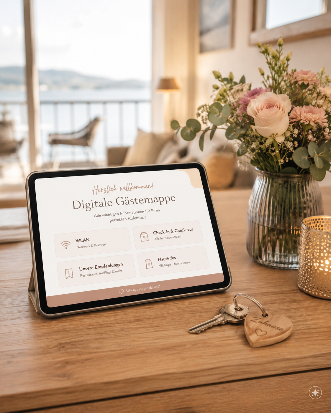 Digitale Gästemappe auf dem Tablet neben Blumenstrauß und Hausschlüssel – digitale Abläufe mit Herzlichkeit verbunden.