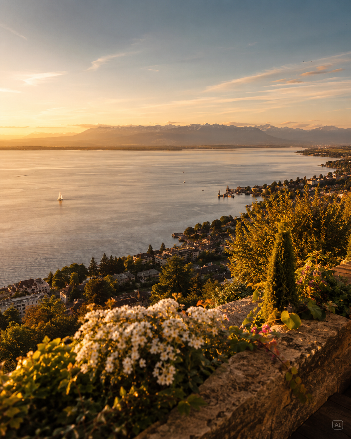 Goldenes Seepanorama am Bodensee mit Bergblick im Abendlicht – regionale Verbundenheit und Heimatgefühl.
