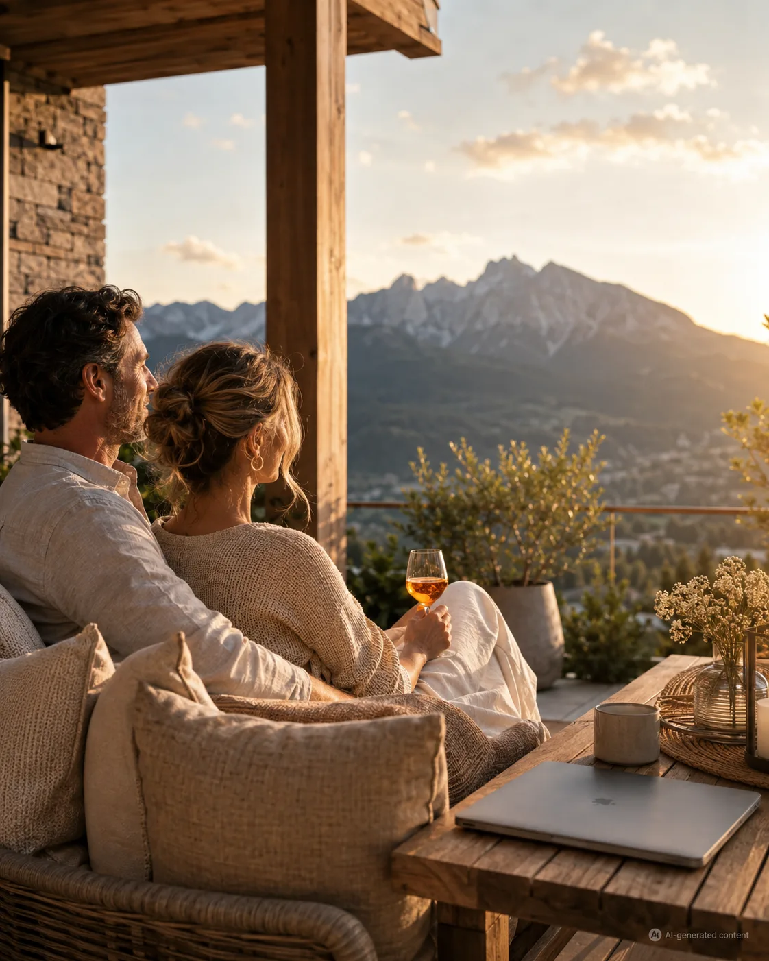Gemütliche Abendstimmung mit Bergblick – gewonnene Freizeit für Eigentümer, während Ländlefee die Vermietung übernimmt.