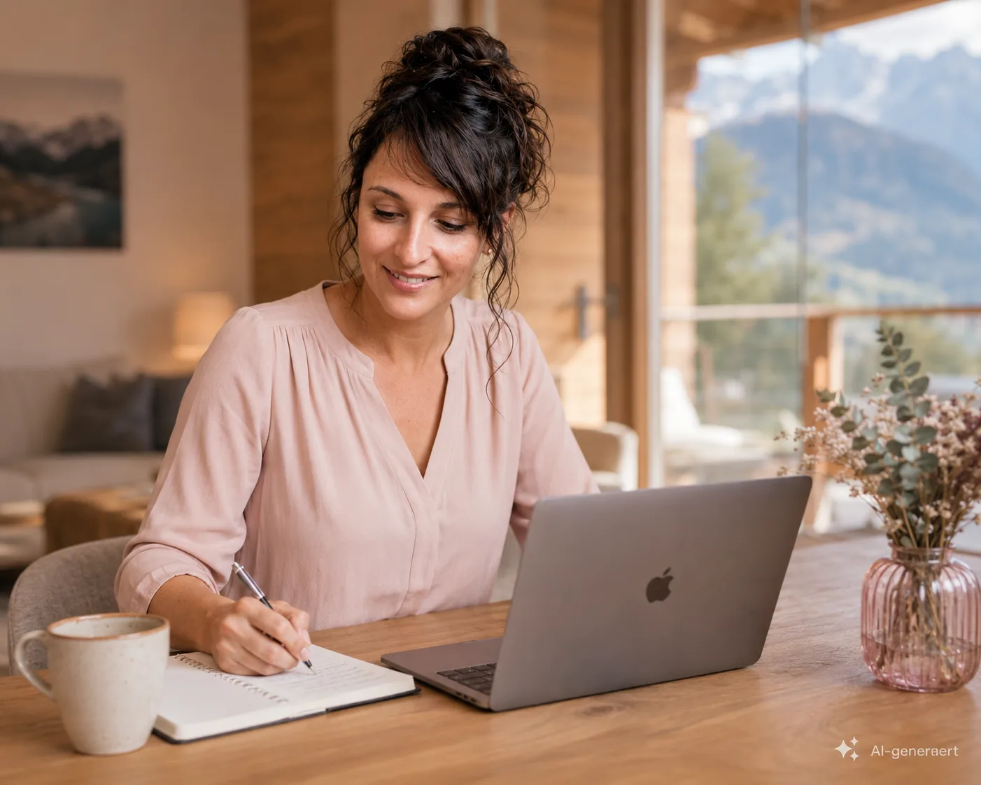 Andrea bei der Arbeit im Homeoffice – Laptop und Notizbuch, im Hintergrund ein Ferienhaus-Interieur.