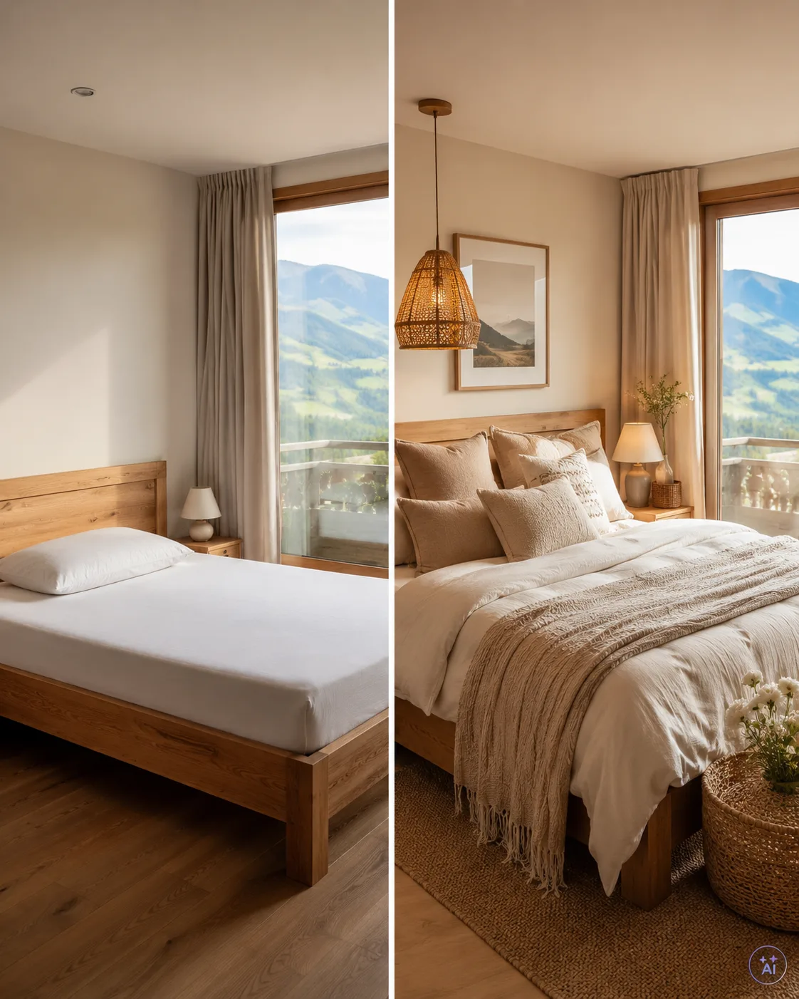 Stilvoll eingerichtetes Schlafzimmer einer Ferienwohnung – natürliche Materialien und liebevolle Details.